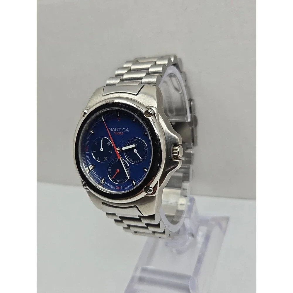 Vintage Nautica Mens 100M Blue Dial Day Date 24H Multi Dial Watch New Battery